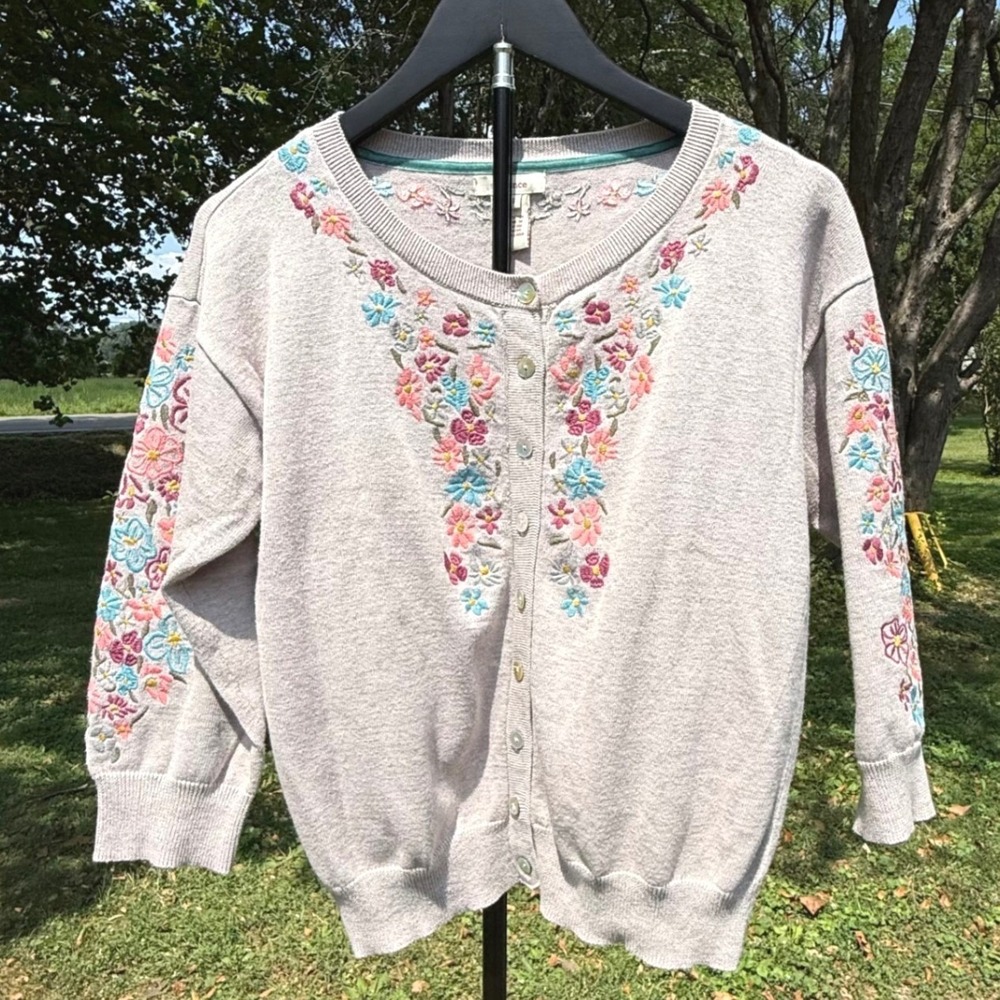 Sundance Womens Floral Embroidered Cotton Cardigan Sweater Beige Small Garden